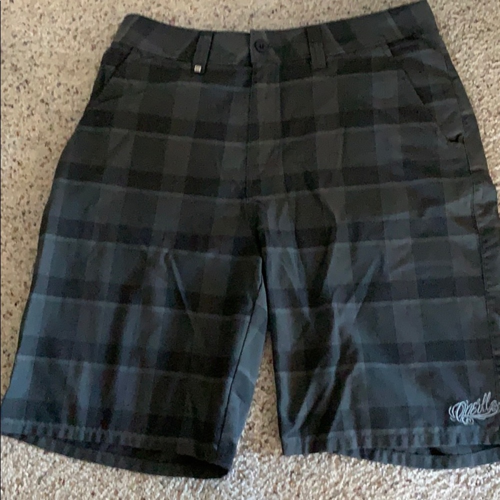 black and gray checkered shorts